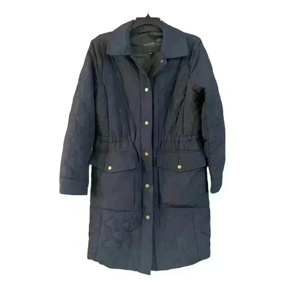 Talbots Women’s Long Quilted Coat Navy Snap Button Size M Pockets Lined - Picture 1 of 8
